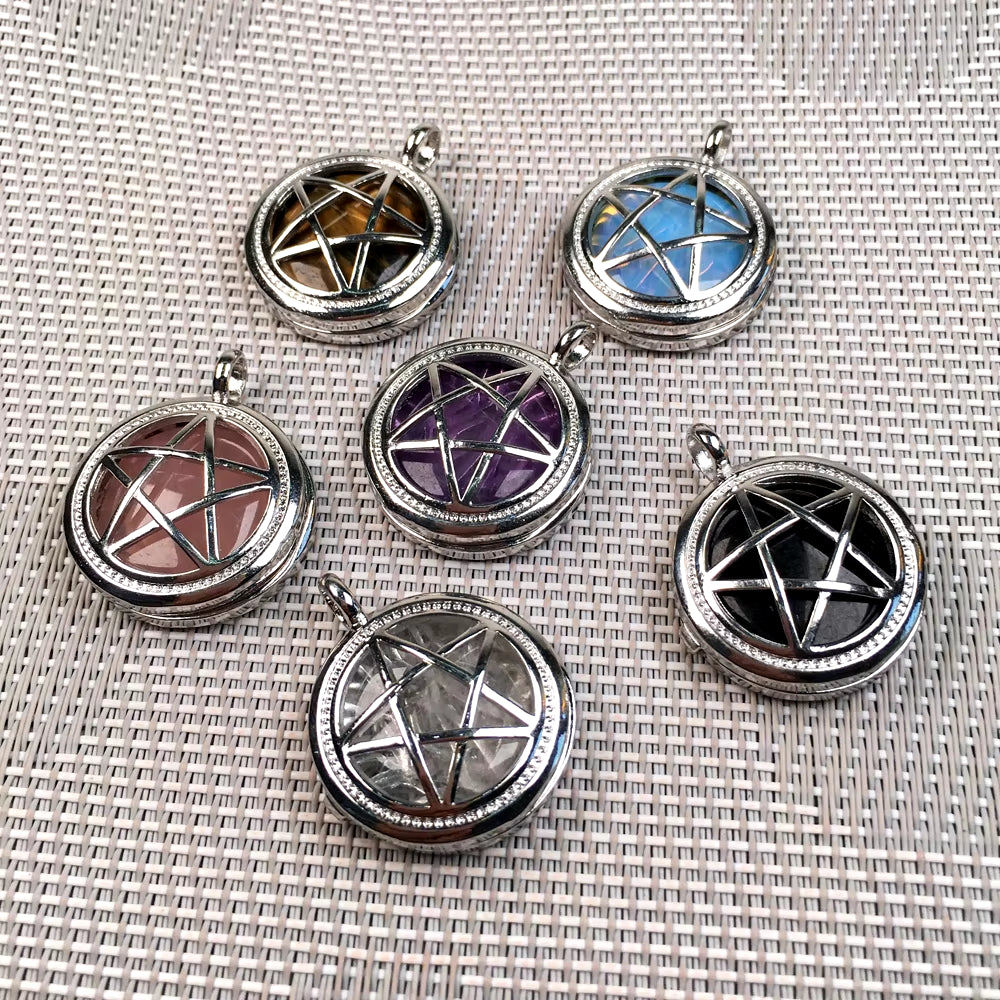 Natural Semi-Precious Stone Pendant round Pentagonal Alloy Cage Charms for Jewelry Making DIY Necklace Accessories Gift