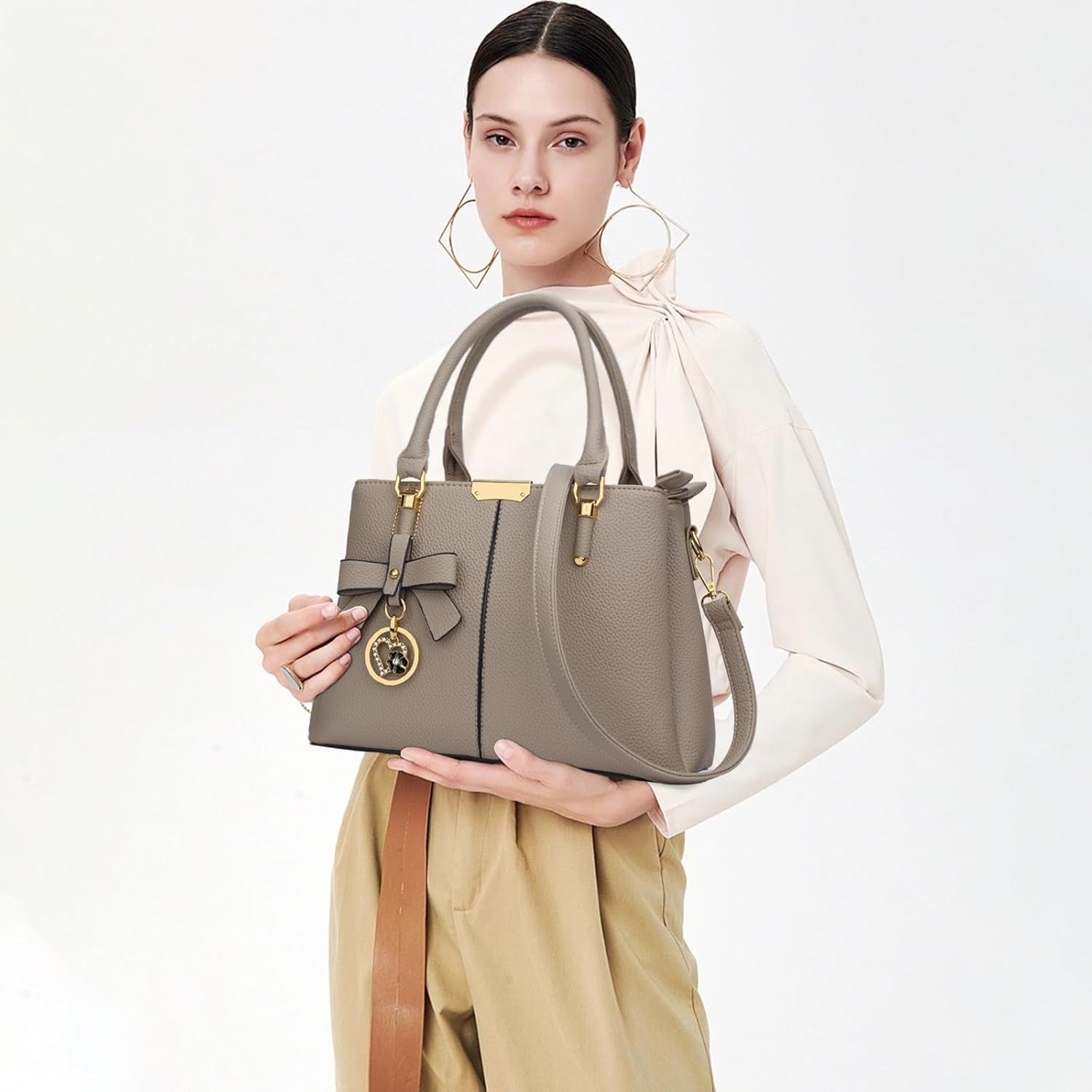 Women's Top Handle Satchel with Three Zippered Compartments - Versatile Handbags and Shoulder Bags