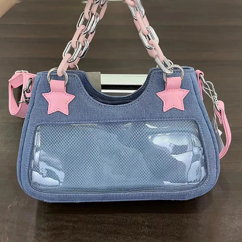 Korean Fashion Shoulder Underarm Harajuku Star Tote Denim Bag Chain Ladies Bags Zip Purses Handbags Women 2025 Luxury Square Bag