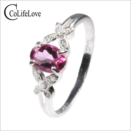 Colife Jewelry Fashion Silver Topaz Ring for Young Girl 5*7Mm Natural Pink Topaz Silver Ring 925 Silver Topaz Jewelry