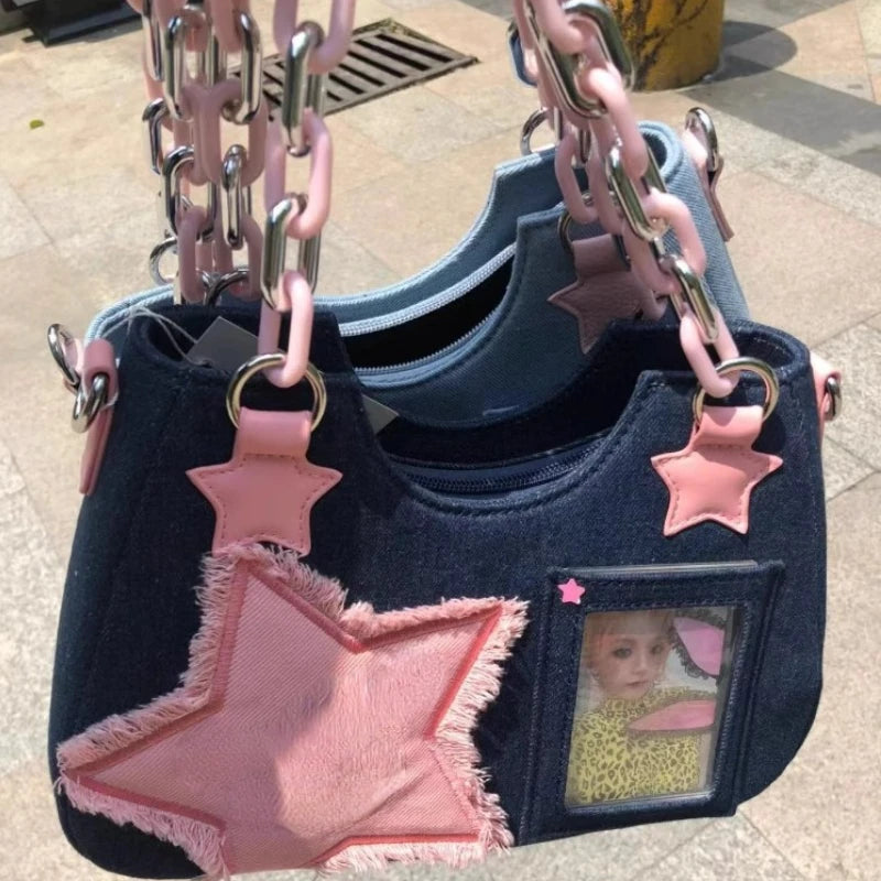 Korean Fashion Shoulder Underarm Harajuku Star Tote Denim Bag Chain Ladies Bags Zip Purses Handbags Women 2025 Luxury Square Bag