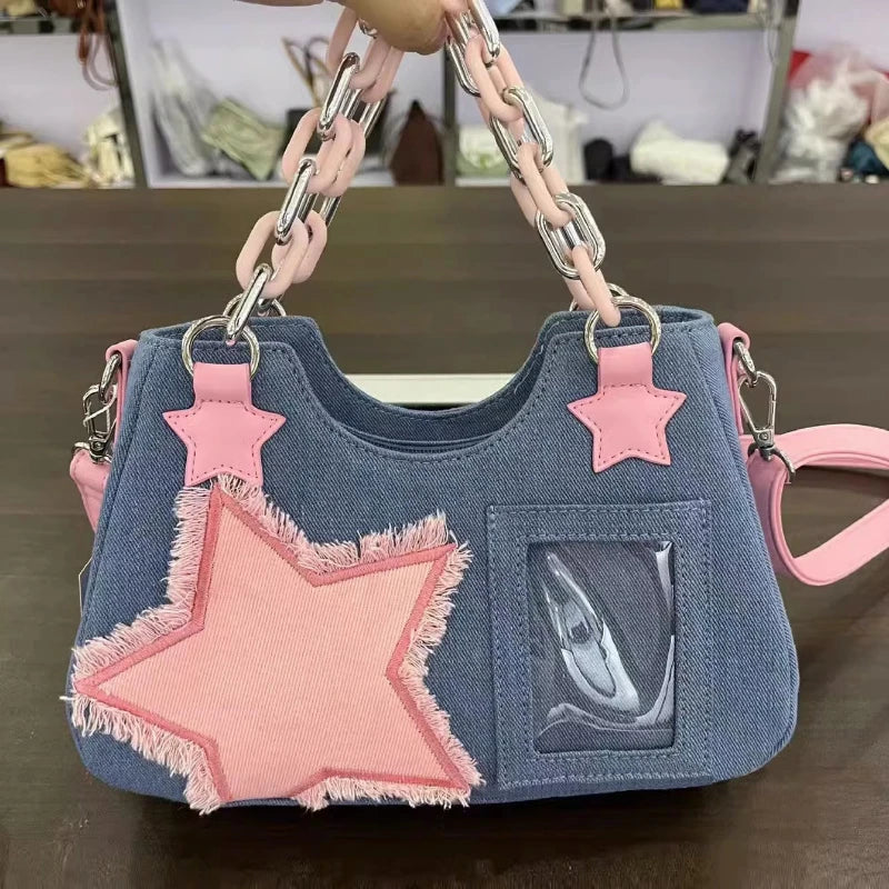 Korean Fashion Shoulder Underarm Harajuku Star Tote Denim Bag Chain Ladies Bags Zip Purses Handbags Women 2025 Luxury Square Bag