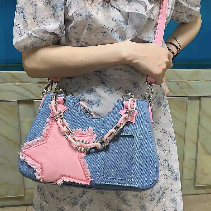 Korean Fashion Shoulder Underarm Harajuku Star Tote Denim Bag Chain Ladies Bags Zip Purses Handbags Women 2025 Luxury Square Bag