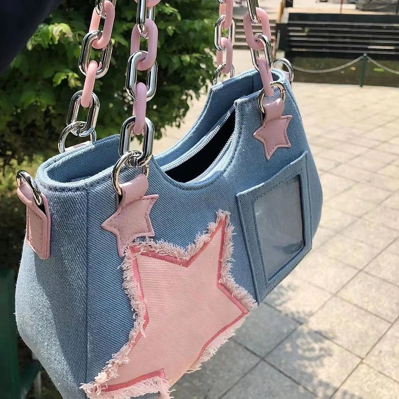 Korean Fashion Shoulder Underarm Harajuku Star Tote Denim Bag Chain Ladies Bags Zip Purses Handbags Women 2025 Luxury Square Bag