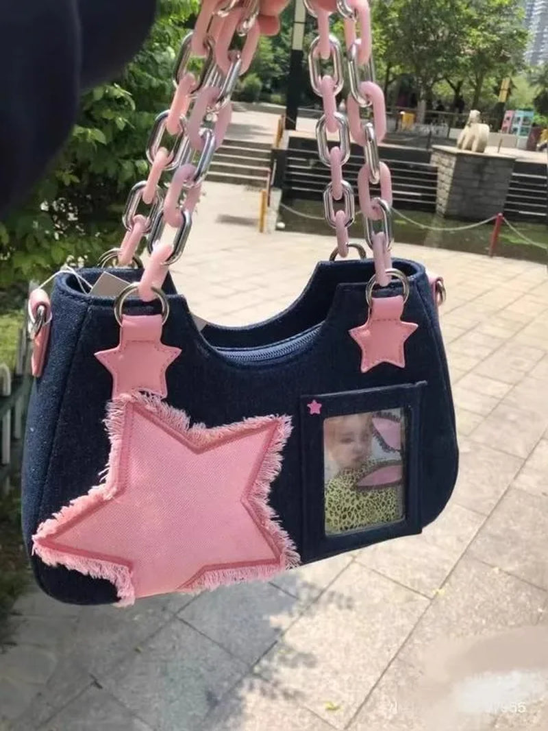 Korean Fashion Shoulder Underarm Harajuku Star Tote Denim Bag Chain Ladies Bags Zip Purses Handbags Women 2025 Luxury Square Bag