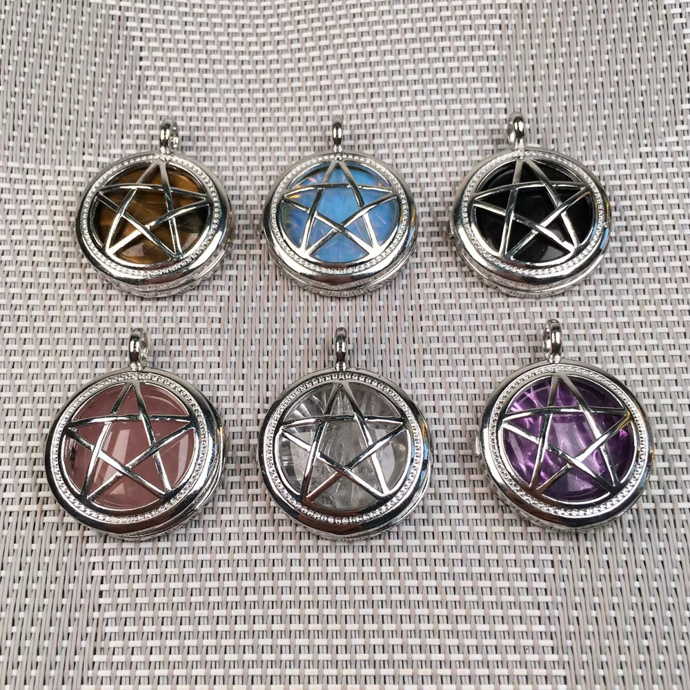 Natural Semi-Precious Stone Pendant round Pentagonal Alloy Cage Charms for Jewelry Making DIY Necklace Accessories Gift