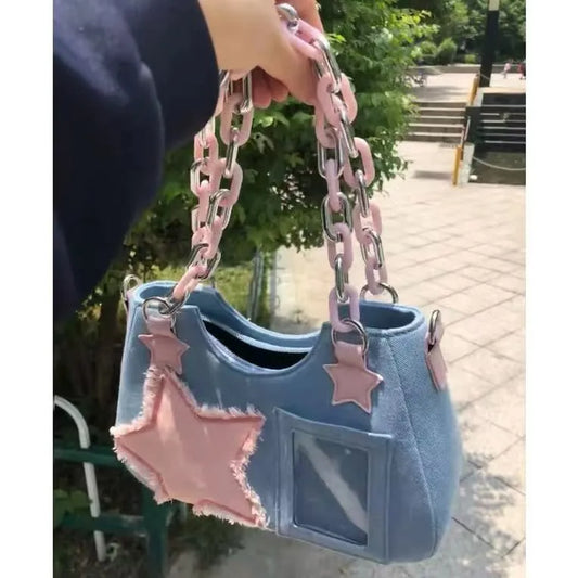 Korean Fashion Shoulder Underarm Harajuku Star Tote Denim Bag Chain Ladies Bags Zip Purses Handbags Women 2025 Luxury Square Bag