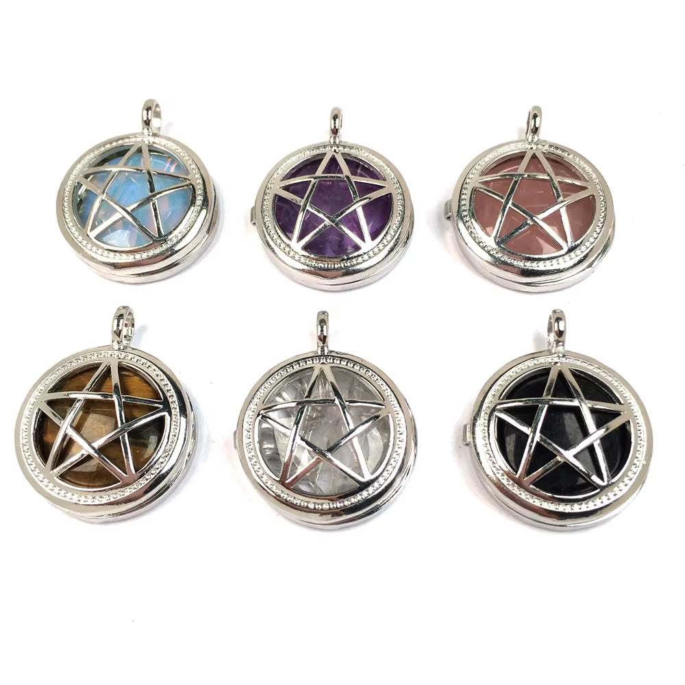 Natural Semi-Precious Stone Pendant round Pentagonal Alloy Cage Charms for Jewelry Making DIY Necklace Accessories Gift