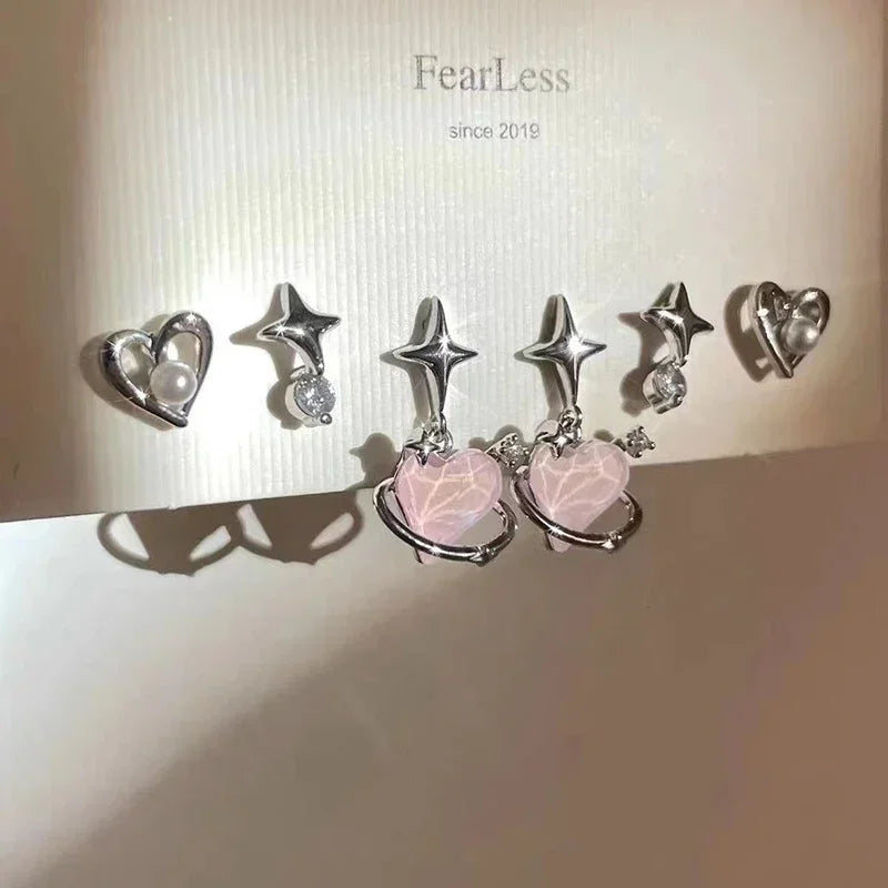 2/6Pcs Set Heart Stud Earrings Women'S Personality Korean Fashion Y2K Pink Crystal Temperament Star Earrings Piercing for Ears