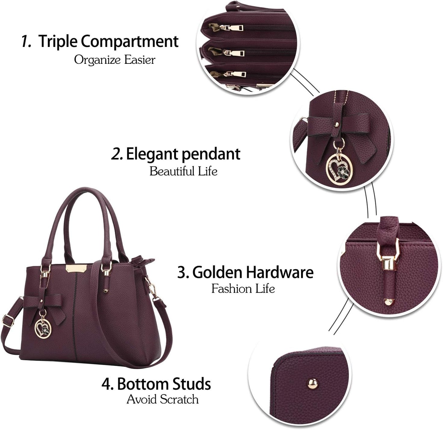 Women's Top Handle Satchel Handbags with Three Zippered Compartments