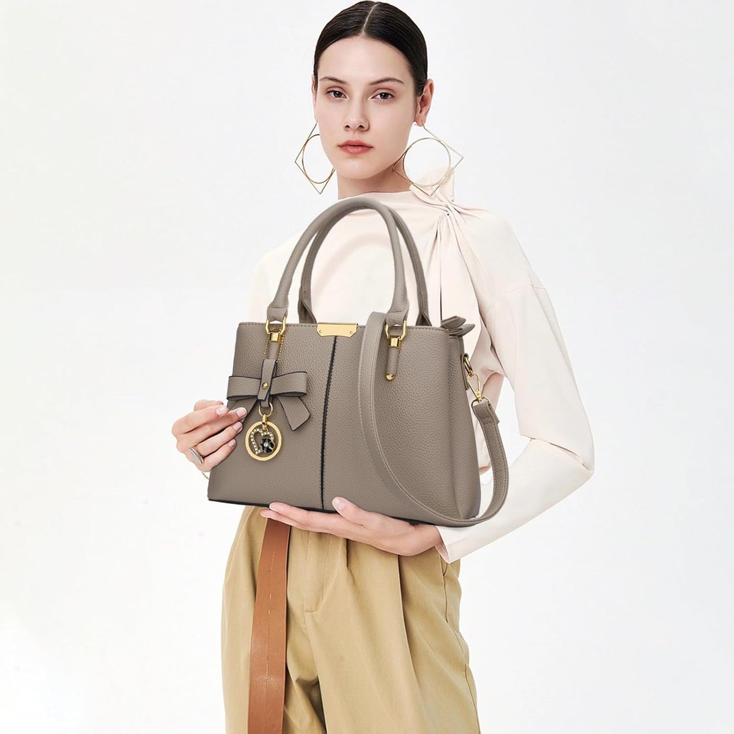 Women's Top Handle Satchel with Three Zippered Compartments - Versatile Handbags and Shoulder Bags