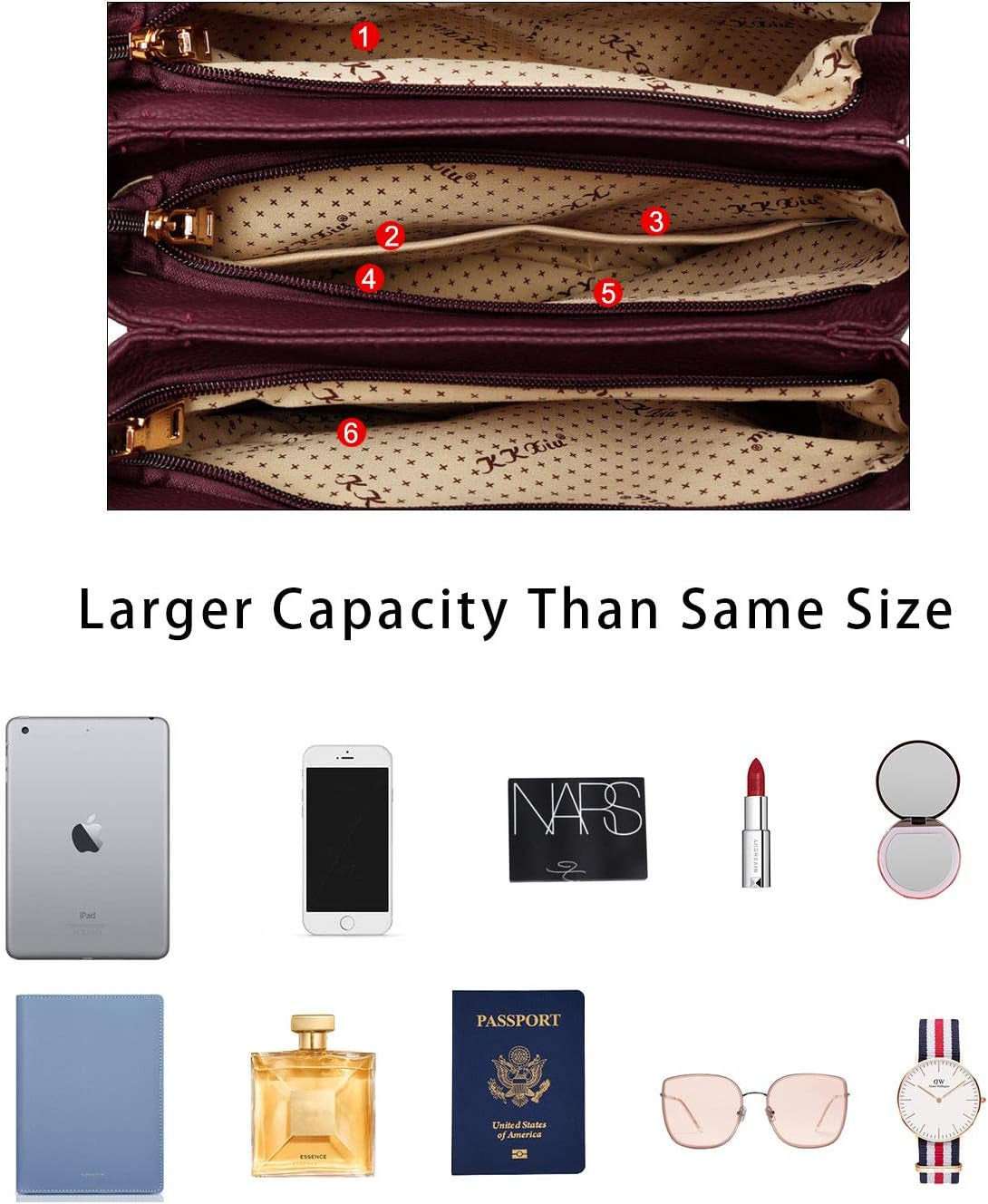 Women's Top Handle Satchel Handbags with Three Zippered Compartments