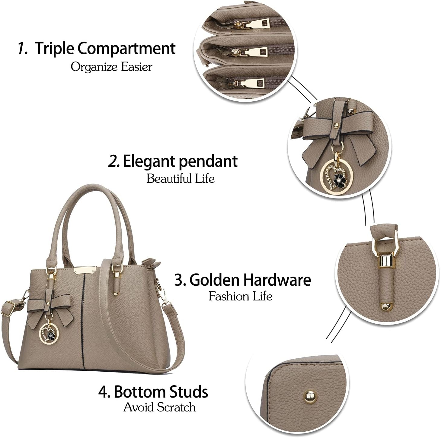 Women's Top Handle Satchel with Three Zippered Compartments - Versatile Handbags and Shoulder Bags